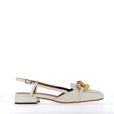 Low moccasin slingbacks in white fabric with accessory