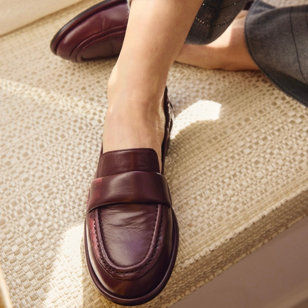 Round-toe moccasin in burgundy glove-soft nappa leather.