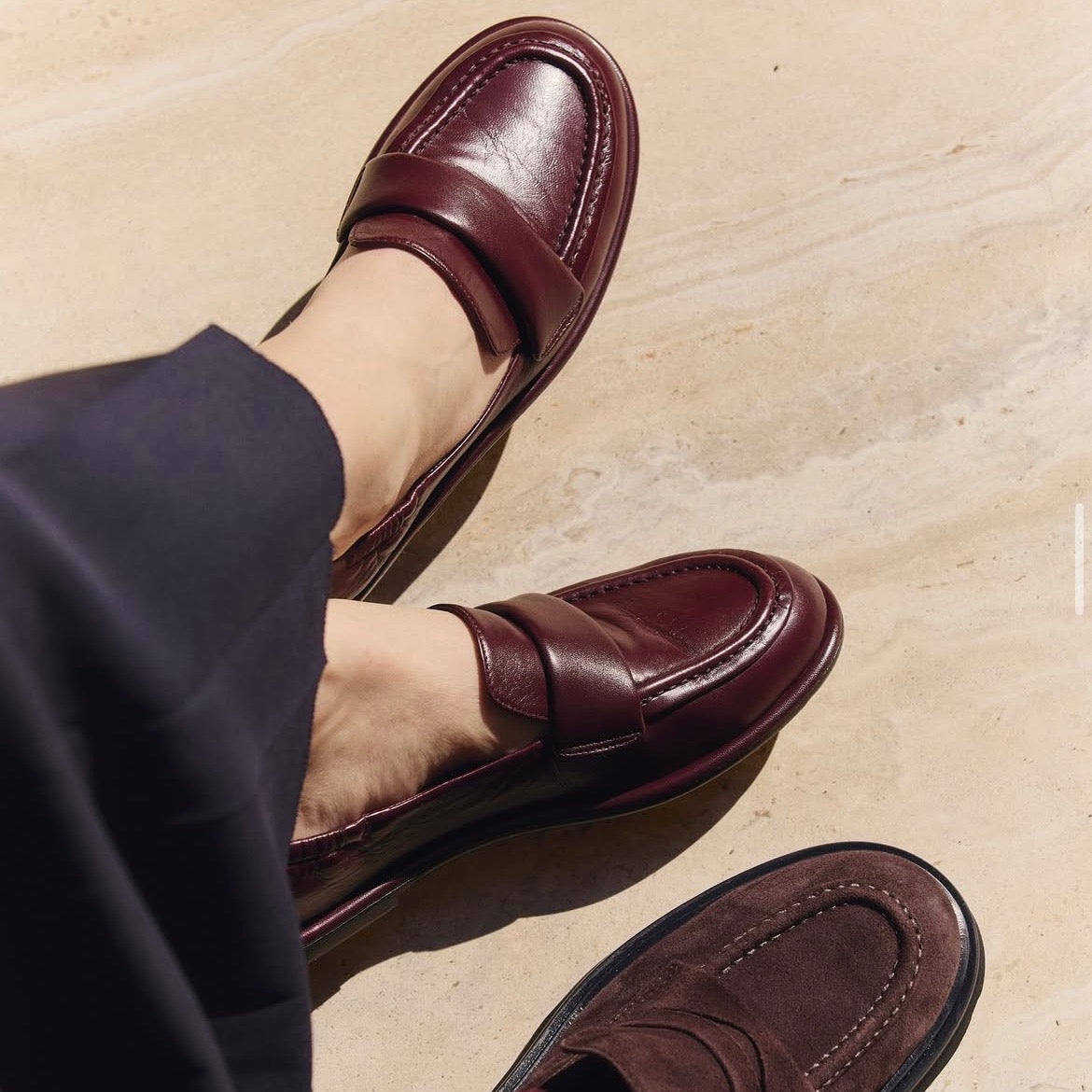 Round-toe moccasin in burgundy glove-soft nappa leather.