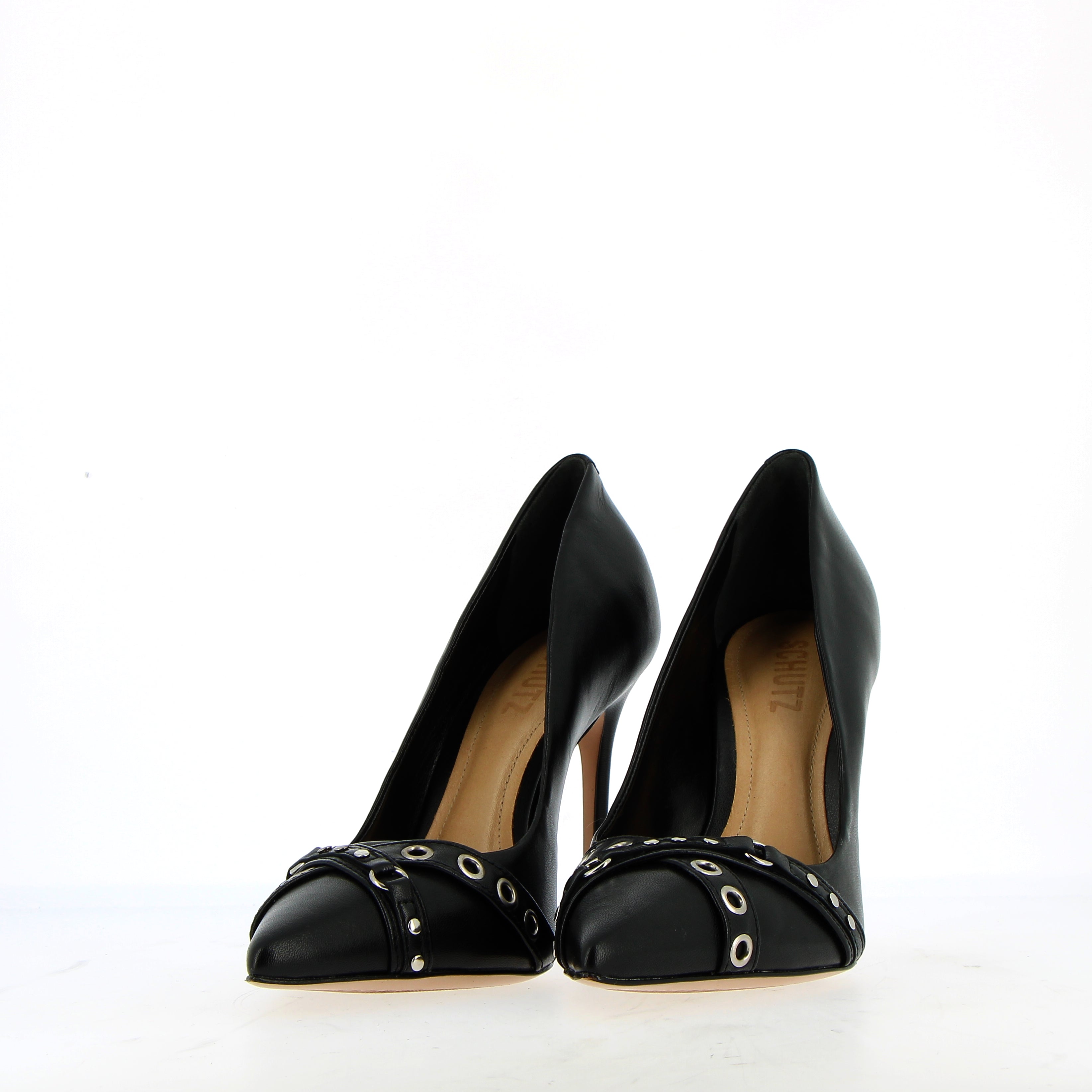 Black leather stiletto pump with studs