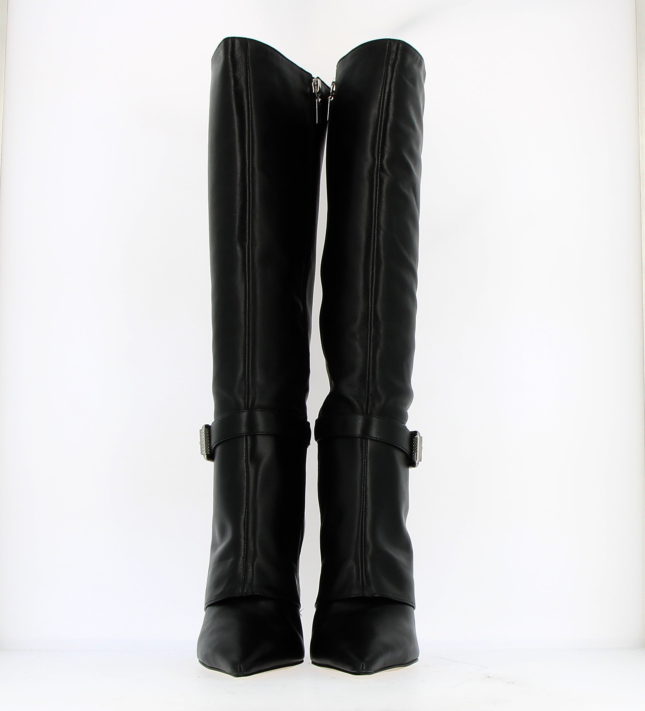 Pointed black leather boot with oversized upper