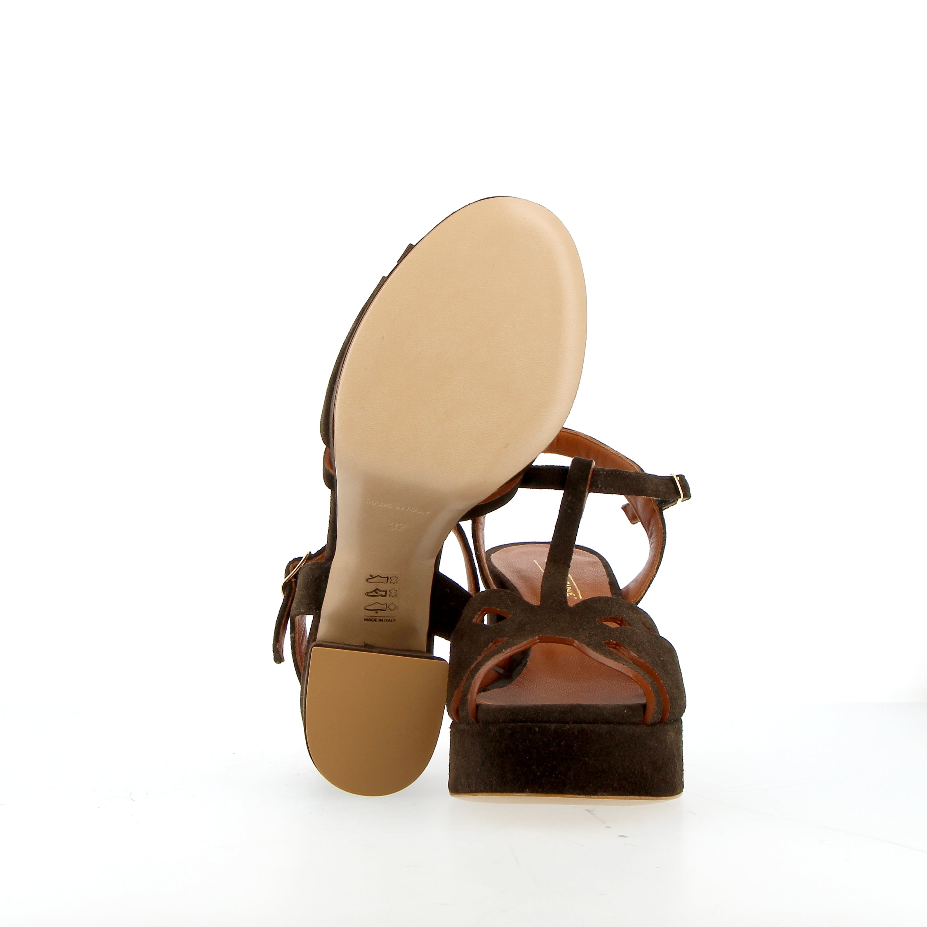 Brown suede sandal with raw cut and platform