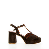 Brown suede sandal with raw cut and platform