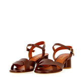 Brown leather medium heel sandal with raw cut