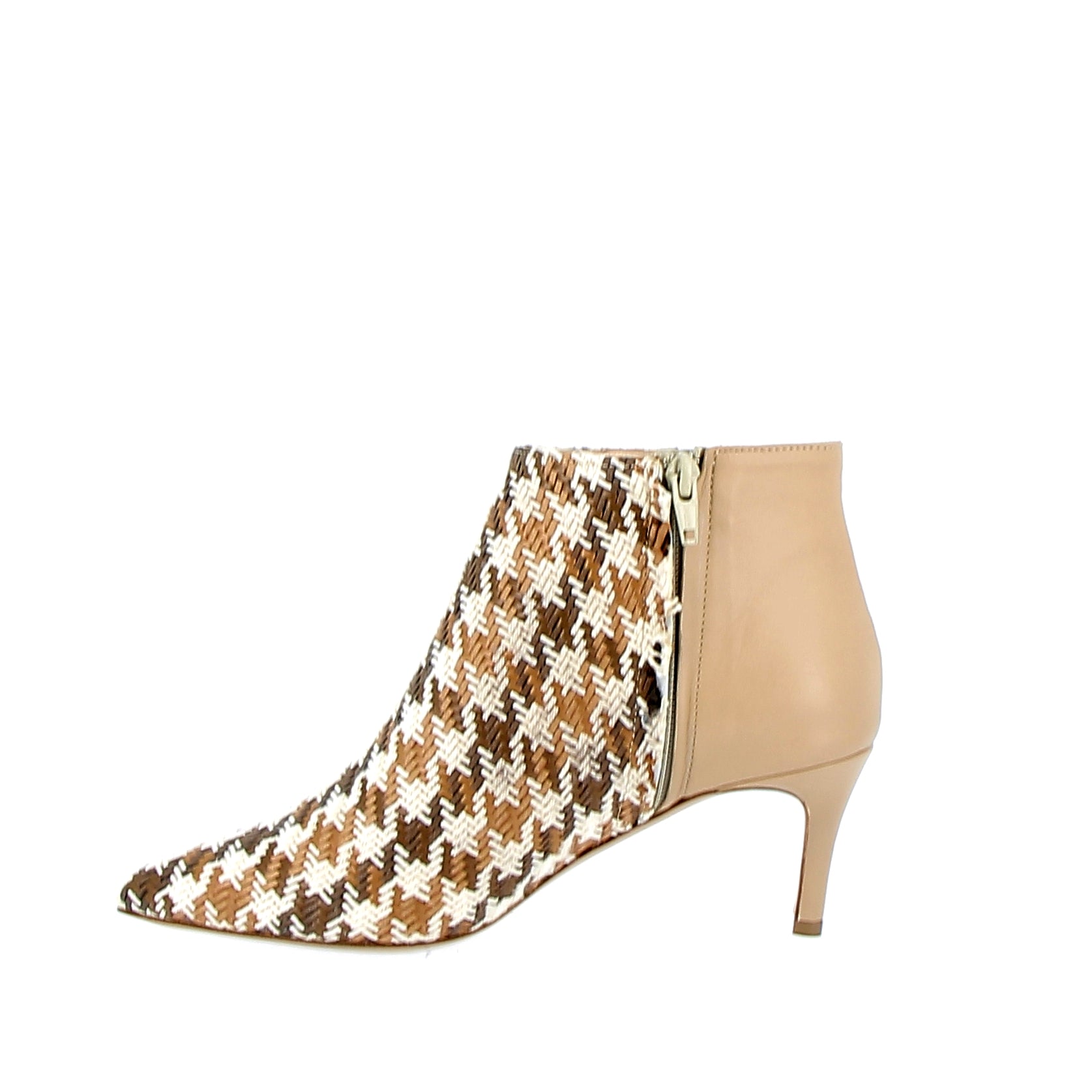 Medium heel beige fabric and leather ankle boot