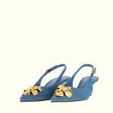 Slingback in jeans con accessorio oro