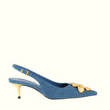 Slingback in jeans con accessorio oro