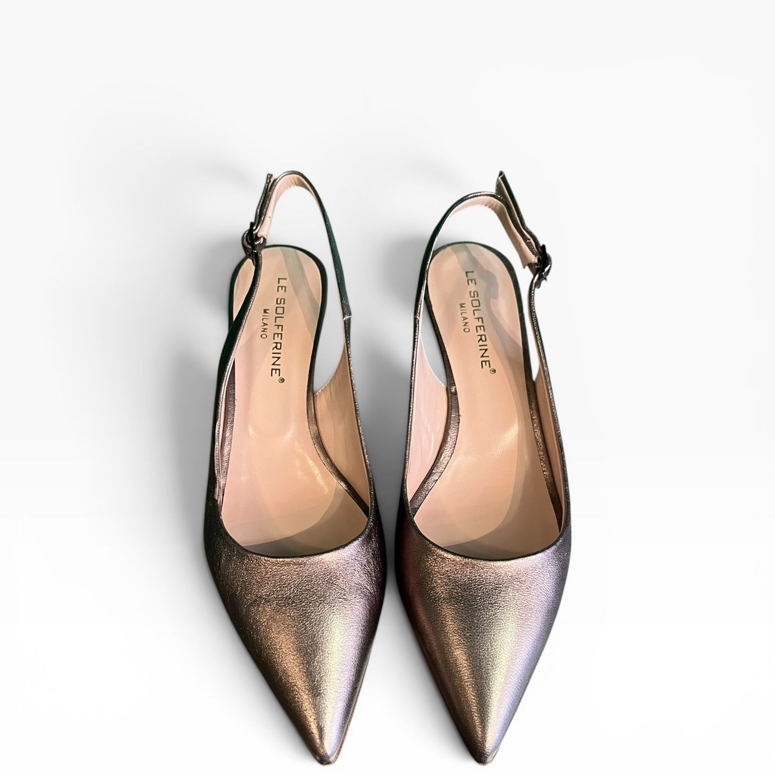 Slingback pelle laminata bronzo a punta tacco 55