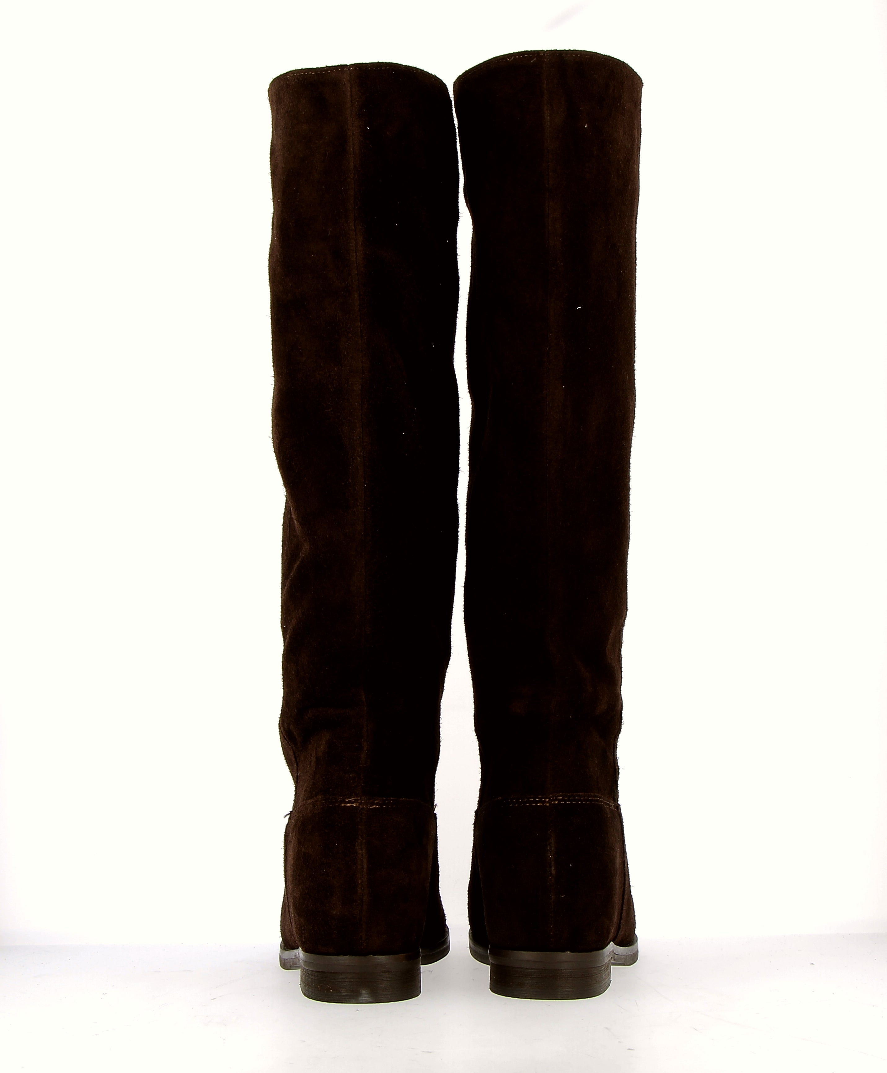 Chocolate suede tube boot with invisible inner wedge.