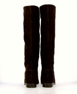 Chocolate suede tube boot with invisible inner wedge.