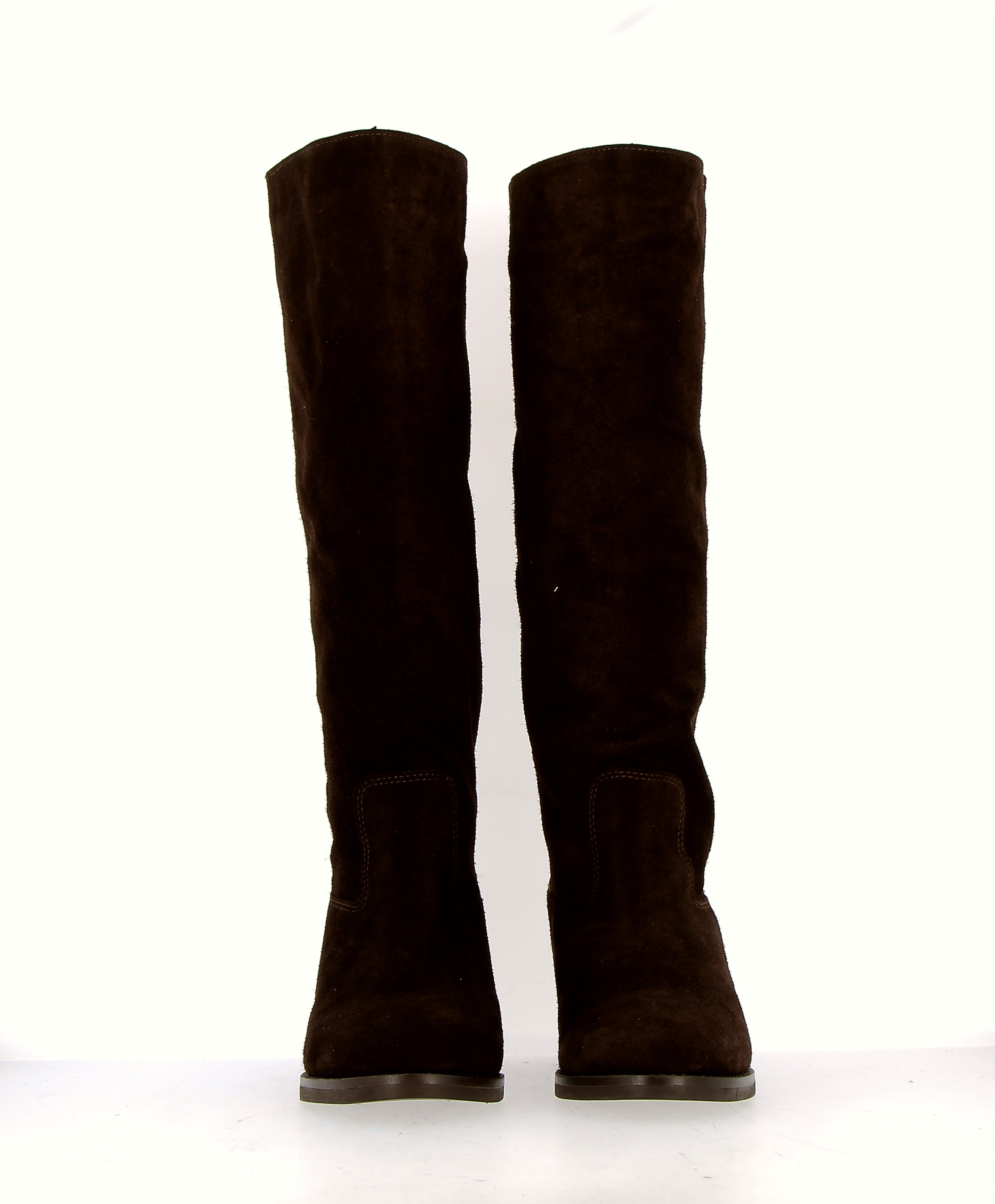 Chocolate suede tube boot with invisible inner wedge.