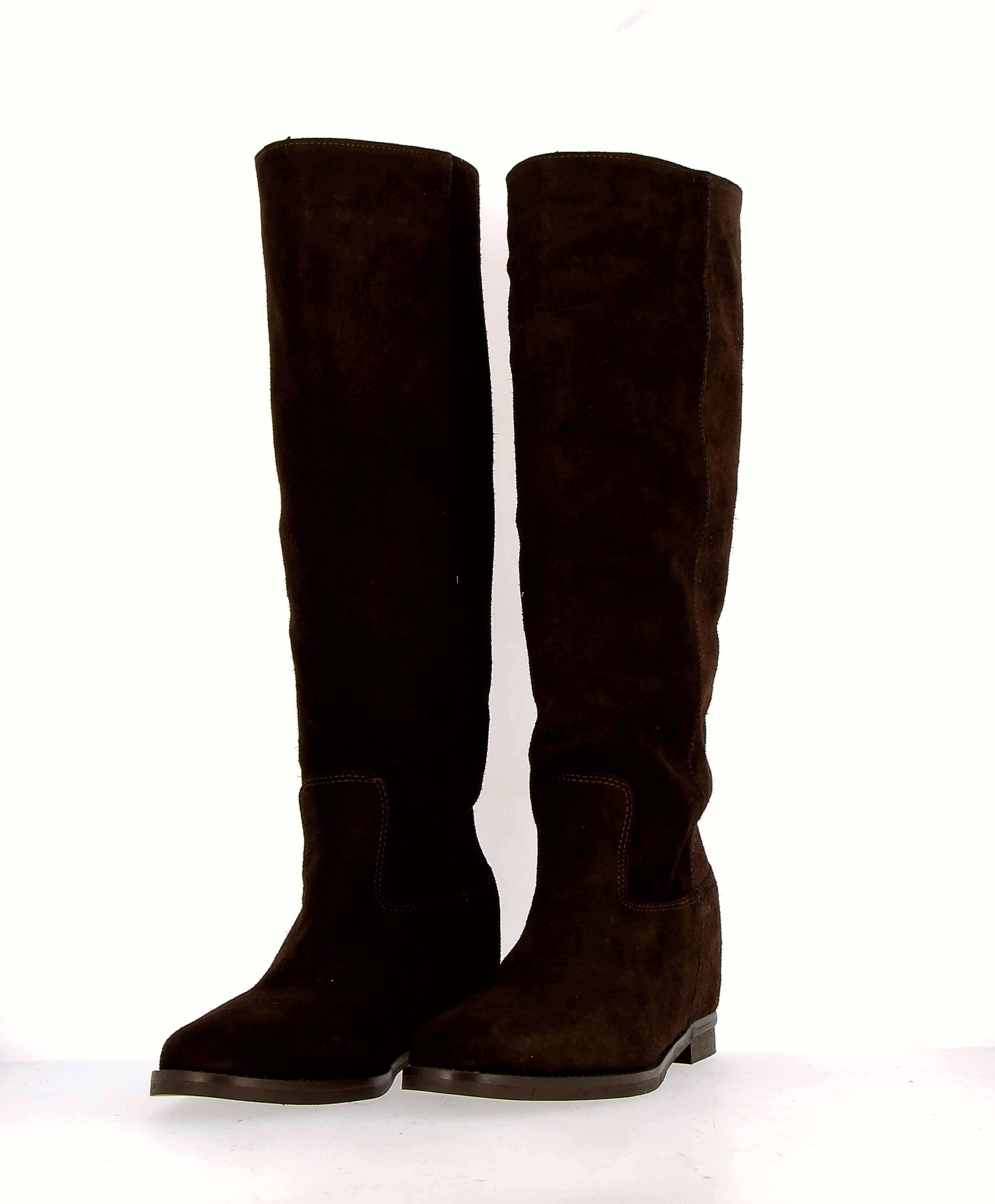 Chocolate suede tube boot with invisible inner wedge.