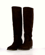 Chocolate suede tube boot with invisible inner wedge.