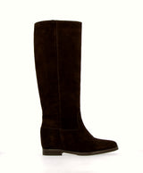 Chocolate suede tube boot with invisible inner wedge.
