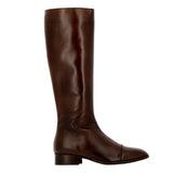 Dark brown leather boot with toe cap and zip