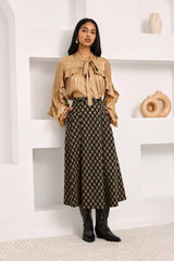 Gonna midi jacquard con motivo floreale araldico