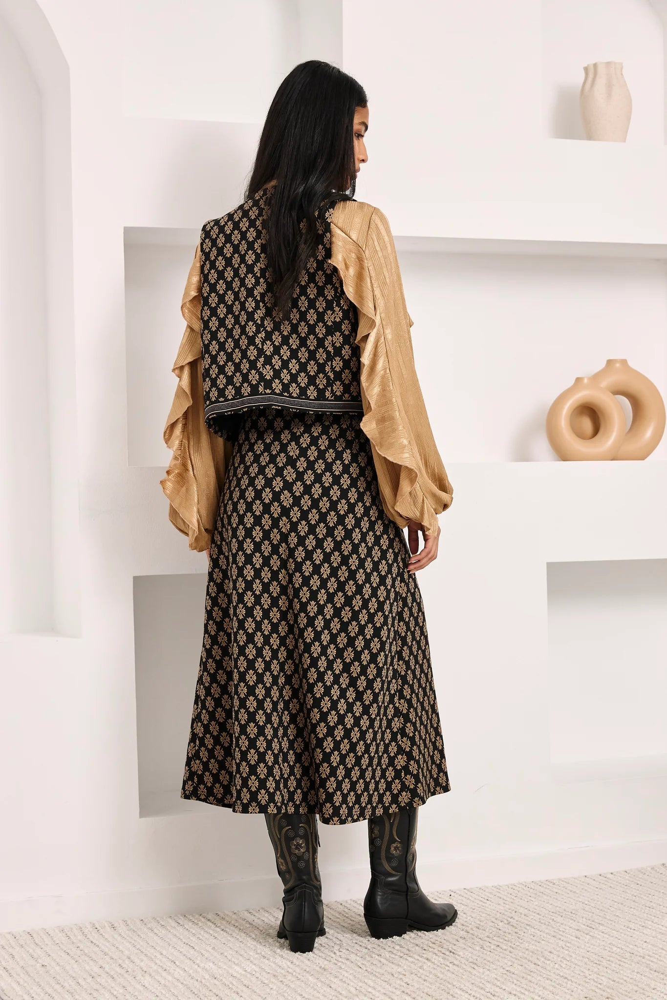 Gonna midi jacquard con motivo floreale araldico