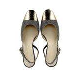 Multi gold and silver lamé shoe with lead laminated toe, medium heel