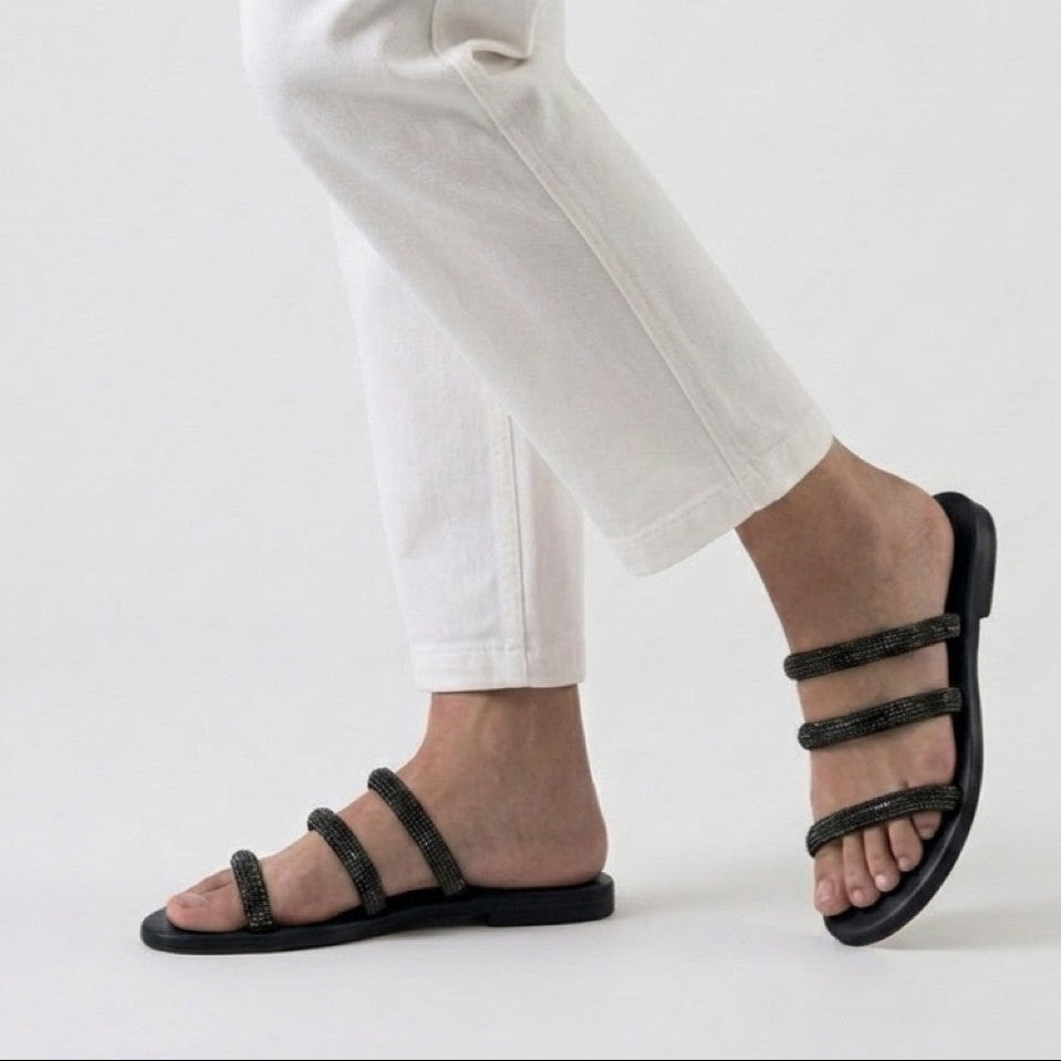 Black flat sandal with rhinestones and three straps