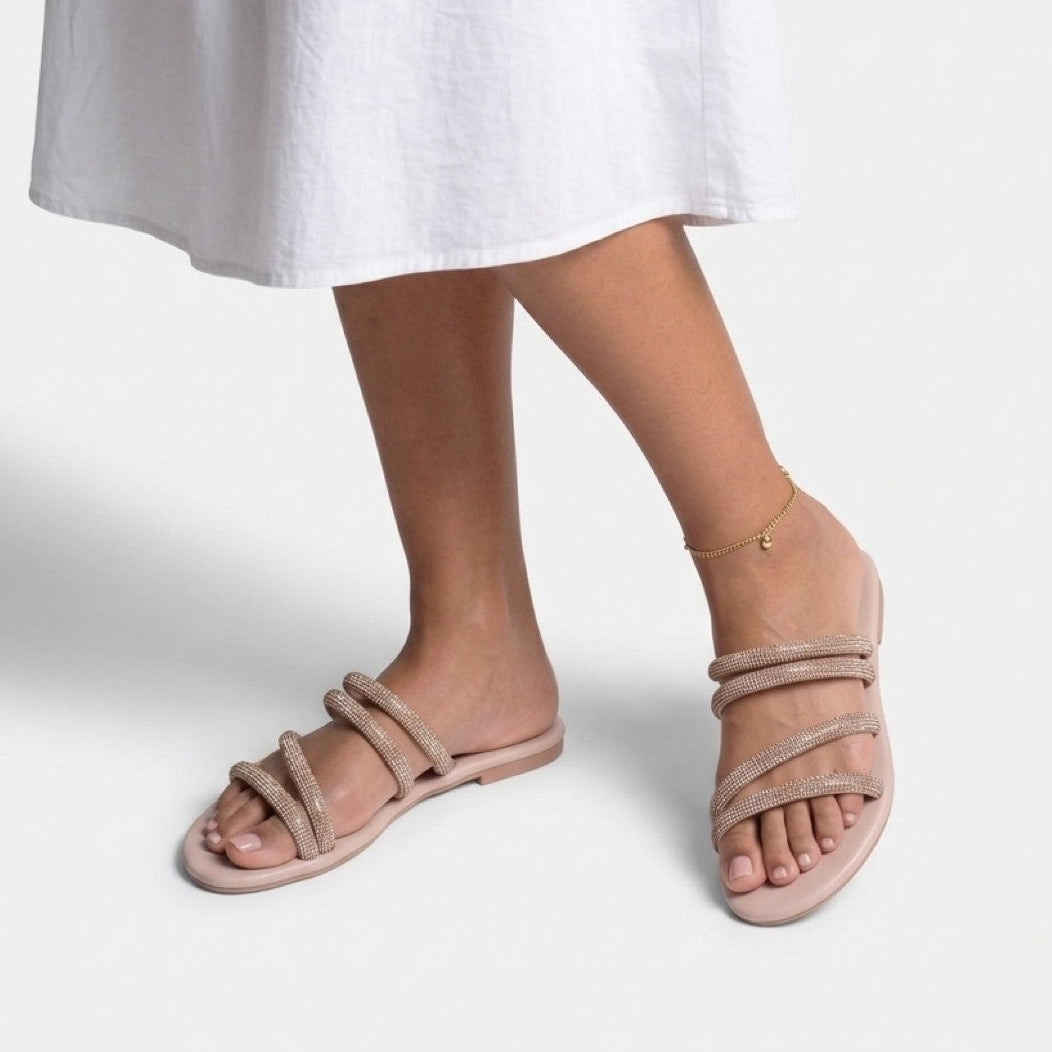 Nude flat sandal with rhinestones and four straps