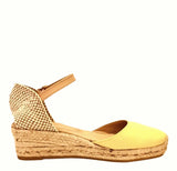 Yellow leather espadrille with low rope wedge