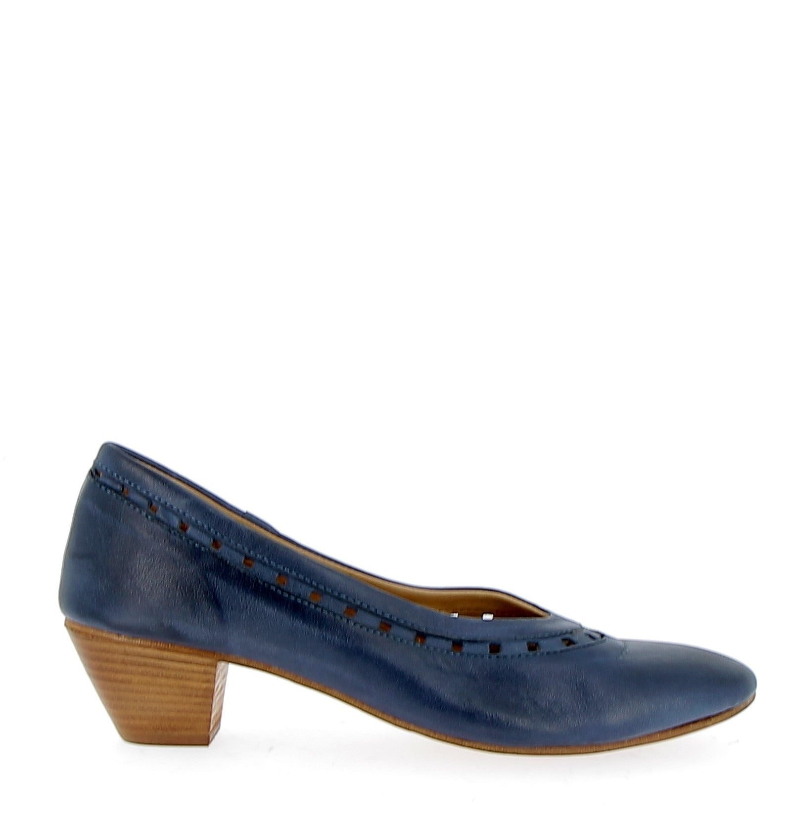 blue leather high neck shoe with perforated pattern