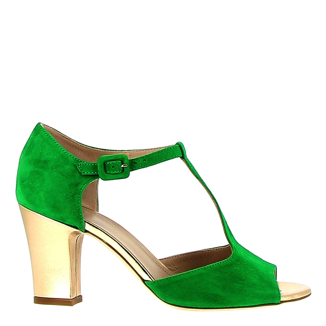 Green suede sandal with gold heel