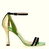 Sandal Green metal suede blue and gold on the heel
