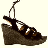 Rope wedge lace-up sandal in black suede