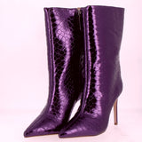 Schutz boot with purple metal crocodile finish