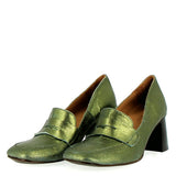Soft green metal moccasin on the heel
