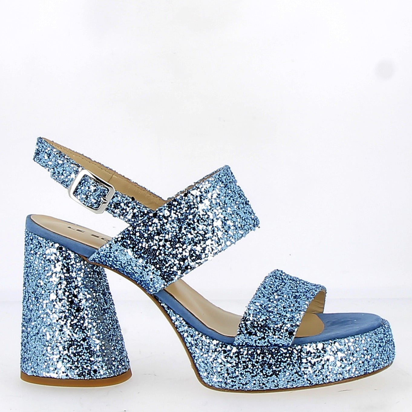 Sandal in light blue glitter with plateau