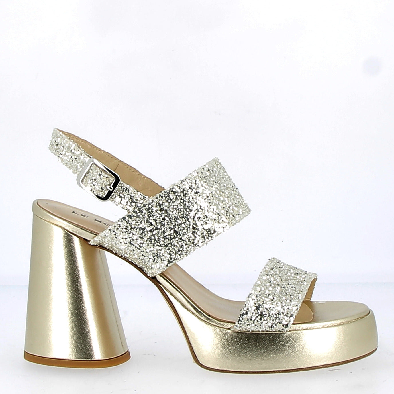 Platform sandal in platinum glitter