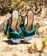 Green suede sandal with bow